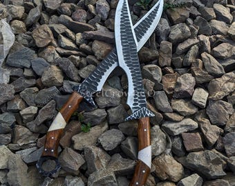 Hand Forged Wootz Steel Black Cobra Bowie Knife Set, Handmade Full Tang Knife, Rosewood & Bone Handle