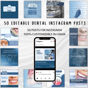 Puede incluir: Una colección de 50 plantillas editables para publicaciones de Instagram sobre odontología con diseños en azul y blanco, imágenes dentales y superposiciones de texto como Teeth Whitening, Root Canal Therapy y Conventional Orthodontics, dispuestas alrededor de un smartphone.