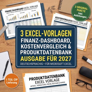 May include: A collection of three Excel templates for financial dashboards, cost comparisons, and product databases for 2027. The documents feature charts, tables, and text in German, presented on a wooden desk with office supplies.