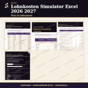 Op de afbeelding: Een digitaal spreadsheet-hulpmiddel getiteld Lohnkosten Simulator Excel 2026 2027 met meerdere weergaven van financiële gegevenstabellen, budgettoewijzingsgrafieken en overzichten van bijdragetarieven met donkerpaarse koppen en beige achtergronden.