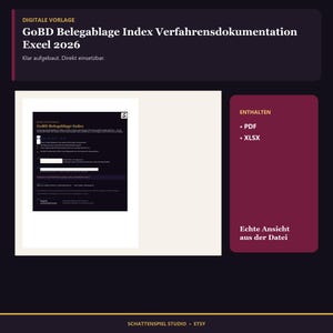 May include: A digital template for a GoBD Belegablage Index Verfahrensdokumentation Excel 2026. The document includes a preview of the file layout, with sections for PDF and XLSX formats. The design features dark purple and cream color blocks.