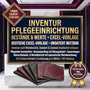 May include: A digital inventory template for care facilities featuring a dark blue sign with gold text reading INVENTUR PFLEGEEINRICHTUNG BESTÄNDE & WERTE. Below are four hardcover books in black and burgundy with gold geometric line accents.
