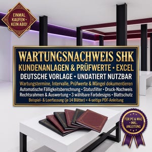 Op de afbeelding: Een digitaal onderhoudslogboek-sjabloon voor HVAC-systemen in Excel-formaat. De tekst luidt WARTUNGSNACHWEIS SHK, KUNDENANLAGEN & PRÜFWERTE, EXCEL, DEUTSCHE VORLAGE, UNDATIERT NUTZBAR. Bevat vier kleine ingebonden boeken in zwart en donkerrood.
