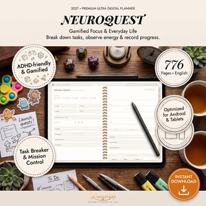Könnte beinhalten: Ein digitaler Planer mit dem Titel NEUROQUEST 2027 Premium Ultra Digital Planner mit 776 Seiten. Die Benutzeroberfläche bietet ein Mission Control-Layout für Aufgabenverwaltung, spielerische Elemente und Energie-Tracking, optimiert für Android und Tablets.