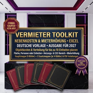 Könnte beinhalten: Ein Vermieter-Toolkit für 2027 mit Excel-Vorlagen für Nebenkosten und Mieterhöhungen. Die Grafik enthält deutschen Text, sechs gebundene Bücher in Rot und Schwarz mit Goldverzierungen sowie zwei runde Abzeichen.