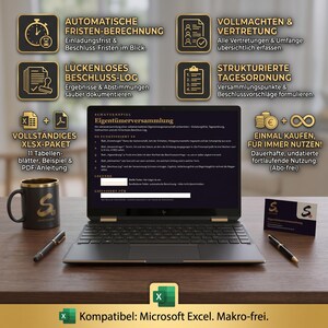 German Owners Meeting Excel | Agenda, Proxy Records and Resolution Log with Deadlines | Undated WEG Template