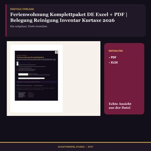 Könnte beinhalten: Ein digitales Vorlagen-Komplettpaket für Ferienwohnungen, bestehend aus Excel- und PDF-Dateien für Belegung, Reinigung, Inventar und Kurtaxe 2026. Das Dokument ist in einem dunklen Design mit weißer Schrift und klarer Struktur gehalten.