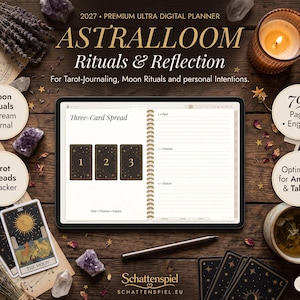 Könnte beinhalten: Ein digitales Tablet mit einem 2027 Premium Ultra Digital Planner namens Astralloom Rituals & Reflection. Der Bildschirm zeigt ein Drei-Karten-Legesystem mit linierten Bereichen für Vergangenheit, Gegenwart und Zukunft sowie einen Stift.