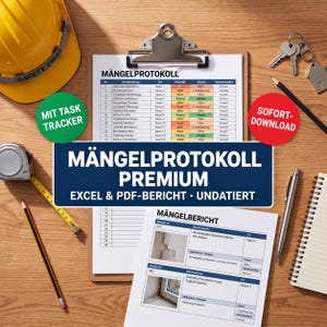 May include: A clipboard with a Mängelprotokoll document, a yellow hard hat, a measuring tape, a pencil, keys, and a Mängelbericht sheet. The document features a table with columns for description, location, priority, status, and responsibility.