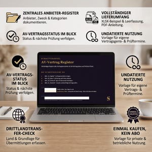 AV-Vertrag Register Excel: Auftragsverarbeiter, Vertragsstatus, Prüfungen und Drittlandtransfers, Deutsch