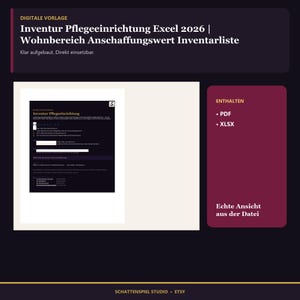 以下が含まれることがあります： 介護施設向けのデジタル在庫管理テンプレート「Inventur Pflegeeinrichtung Excel 2026」。ダークテーマのレイアウトに白いテキストで構成され、取得価額のセクションが含まれています。PDFおよびXLSX形式で提供されます。