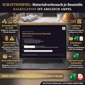 May include: A laptop screen displays a digital spreadsheet titled SCHATTENSPIEL: Materialverbrauch je Baustelle. The interface includes sections for calculation, instructions, a legend, and licensing, all presented in a dark theme with gold text.
