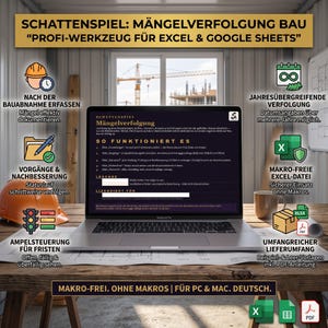 Peut inclure: Un ordinateur portable affichant une feuille de calcul de suivi des défauts de construction pour Excel et Google Sheets. L'écran montre des instructions et une légende. Des icônes entourent l'ordinateur, dont un casque, un feu de signalisation.