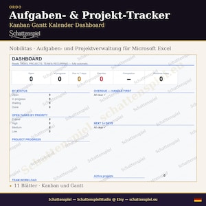 Könnte beinhalten: Ein digitales Aufgaben- und Projekt-Tracker-Dashboard für Microsoft Excel mit dem Titel Ordo Aufgaben- & Projekt-Tracker. Die Benutzeroberfläche enthält Bereiche für Status, Priorität, Projektfortschritt und Team-Auslastung mit Datenfeldern.