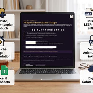 Peut inclure: Un écran d'ordinateur portable affichant un dossier numérique de documentation de soins intitulé Pflegedokumentations-Mappe. L'interface comprend des sections pour les dossiers d'urgence, les plans de médicaments et les journaux, avec des icônes Excel, Google Sheets et PDF.