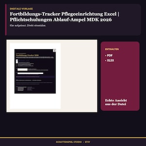 Sistema de seguimiento de la formación continua para el cuidado de enfermería en Excel 2026 | Formación obligatoria, seguimiento del progreso y documentación MDK | Para servicios de enfermería y residencias de ancianos | Hojas de cálculo de Google