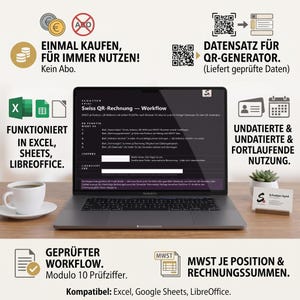 Fattura svizzera con codice QR in formato Excel senza data | IVA, voci di fattura, riferimento QR, stato del pagamento e set di dati per il generatore di codici QR