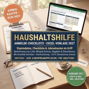 Haushaltshilfe Anmelde-Checkliste Excel Deutsch | Stammdaten, Monatslohn und Jahreskosten-Modell | Beispiel und Leerfassung | 2027