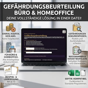 Puede incluir: Una pantalla de portátil muestra una plantilla de evaluación de riesgos titulada Gefährdungsbeurteilung Büro & Homeoffice. La interfaz incluye secciones para documentación, gestión de tareas e iconos de compatibilidad de software para Excel.