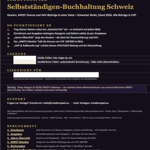 Buchhaltung Schweiz Excel | Einnahmen, Ausgaben und Jahresübersicht in CHF | AHV- und MWST-Szenarioplaner