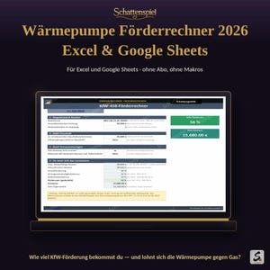 Calculadora de subsidios para bombas de calor 2026 (Excel y Google Sheets) | Subvención KfW 458 + comparación de costos y amortización de bombas de calor frente a gas | Plantilla GModG