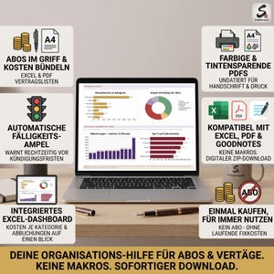 Abo Tracker Hochformat PDF und Excel 2027 | 50 Abos, Kosten, Fristen & Dashboard | A4 GoodNotes
