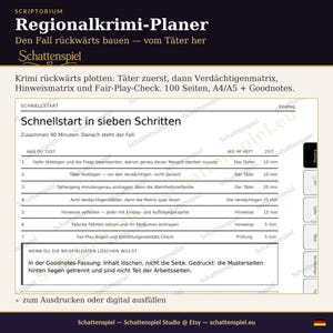Regionale misdaadromanplanner (PDF, Duits) | Het plot van een misdaadroman: verdachten, aanwijzingen, tijdlijn | met Fair Play-controle | 100 pagina's (A4/A5) + Goodnotes