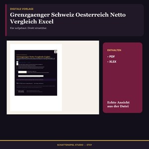 May include: A digital template for a cross-border worker net income comparison between Switzerland and Austria. The file includes a PDF and an XLSX spreadsheet. The document features a dark background with white text and a structured layout.