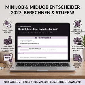 Minijob & Midijob Entscheider 2027 Excel | 633 Euro Grenze, Übergangsbereich und Monatsverdienst | Beispiel und Leerfassung
