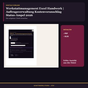 Verkstadshantering Excel för hantverk 2026 | Orderhantering, kostnadsberäkning, statusindikator och material | Fordon och reparation | Ark