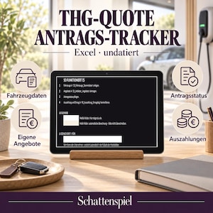 May include: A digital tablet displaying a THG-Quote Antrags-Tracker Excel spreadsheet with instructions and status tracking icons. The screen shows text in German, including sections for vehicle data, application status, offers, and payouts, set on a wooden stand.