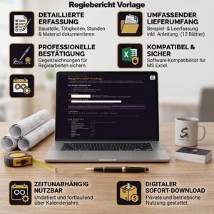 Könnte beinhalten: Ein Laptop mit einer Regiebericht Vorlage, umgeben von Bauplänen, einem gelben Maßband, einem schwarzen Füllfederhalter, einer weißen Tasse mit Logo und Visitenkarten auf einer hölzernen Schreibtischoberfläche.