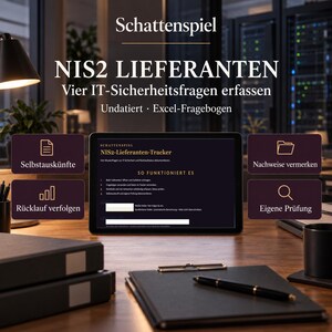 NIS2 Supplier Questionnaire Excel | Four IT Security Questions, Replies, Records and Evidence Notes | Undated German Template