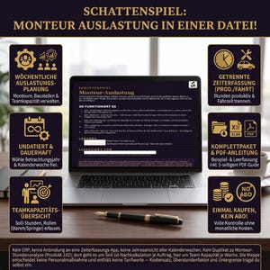 May include: A laptop displaying a digital spreadsheet titled Schattenspiel Monteur-Auslastung, surrounded by eight informational icons with German text detailing project management, time tracking, and team capacity planning features.