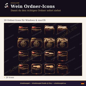 Könnte beinhalten: Ein Set aus 20 digitalen Ordner-Icons für Windows und macOS in Dunkelrot und Gold mit verzierten Filigrandetails und Lilien-Emblemen. Die Icons zeigen verschiedene Ordnerzustände, darunter leere und gefüllte Varianten mit Dokumenten.