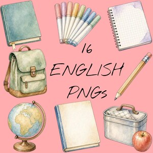 Watercolor school supplies clipart, vintage study essentials, backpack globe notebook pencil digital PNG bundle