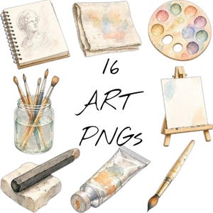 Puede incluir: Una colección de suministros de arte que incluye un cuaderno de bocetos en espiral con un retrato, un paño doblado, una paleta de pintura redonda, un frasco de vidrio con pinceles, un caballete de madera con lienzo, un carboncillo sobre piedra y un tubo de pintura.