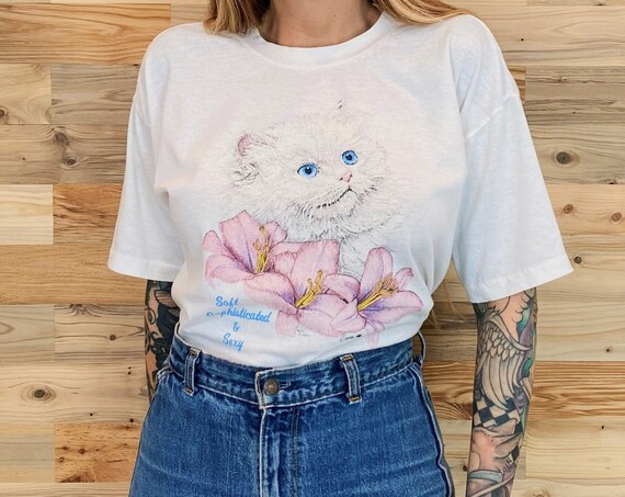 Vintage 1990 Floral Cat "Soft Sophisticated & Sexy" Tee Shirt
