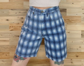 90's Plaid Print Long Jean Shorts / Size 25