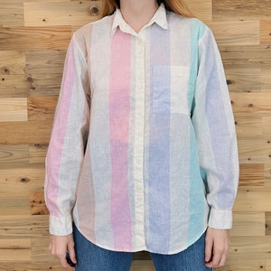 Vintage Lightweight Linen Knit Pastel Striped Long Sleeve Oxford Shirt