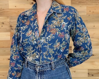 90's Liz Claiborne Soft Chambray Denim Floral Cropped Button Up Blouse Top Shirt