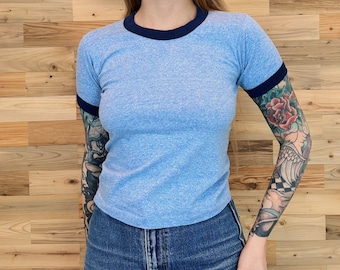 80's Soft Vintage Sky Blue Ringer Baby Tee Shirt