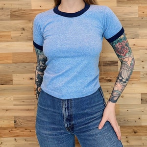 80&#39;s Soft Vintage Sky Blue Ringer Baby Tee Shirt / Youth Size Medium, Women&#39;s Size XXS-XS