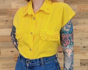 Vintage Gitano Yellow Cotton Button Up Short Sleeve Ruffle Shirt Top