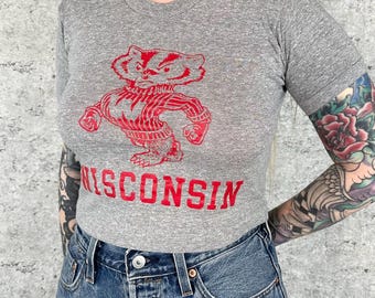 80's University of Wisconsin Vintage Champion Cropped Tee Shirt T-Shirt