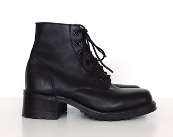 VERY RARE Vintage Frye Black Label Leather Lace Up Chunky Heel Grunge Moto Boots // Women's size 5 5.5 35.5 36