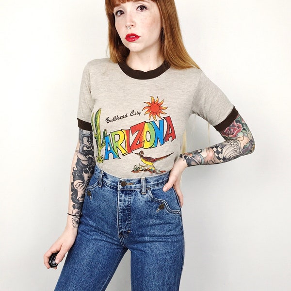 RARE Authentic Vintage 1970's Arizona Bullhead City Single Stitch Ringer Travel Tee T-Shirt // Women's size Small S Medium M