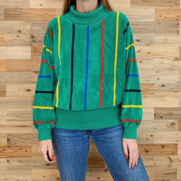 80er Soft Velour Pullover Gestreift Sweatshirt