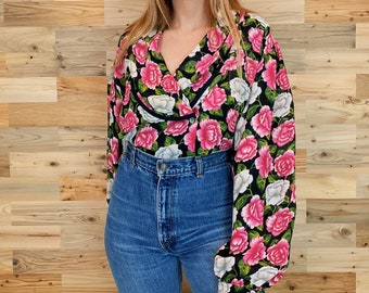 Lightweight Vintage Floral Rose Print Button Up Blouse