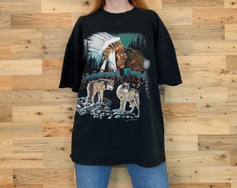 90's Vintage Forever Free Nature Wolf Thunder Tee Shirt T-Shirt